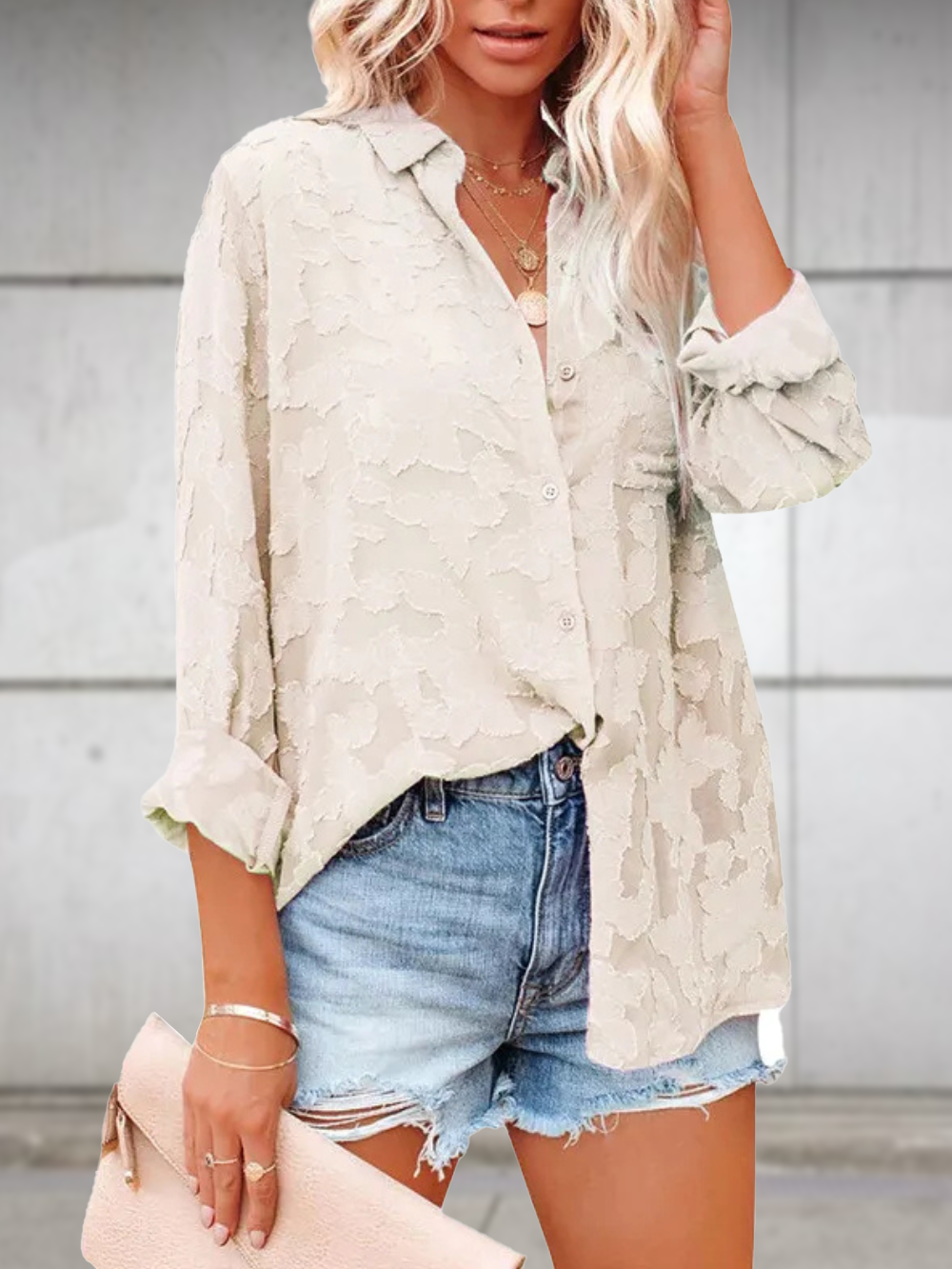 Solvivra Jacquard See-through Long Sleeve Blouse
