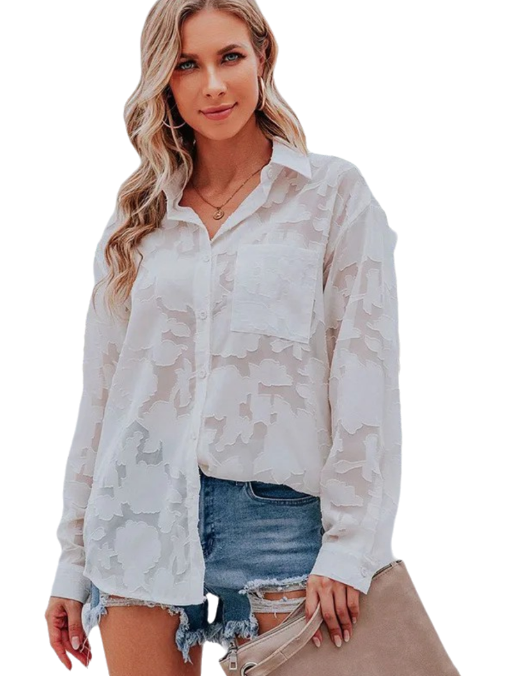 Solvivra Jacquard See-through Long Sleeve Blouse
