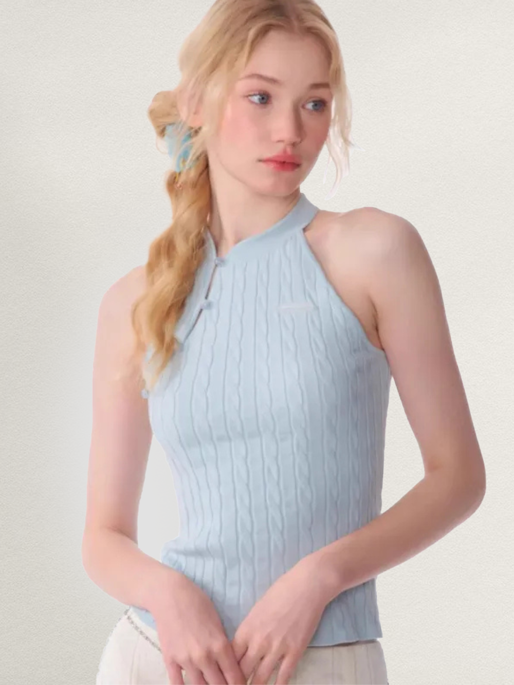 Solvivra Oblique Placket Halter Knit Top