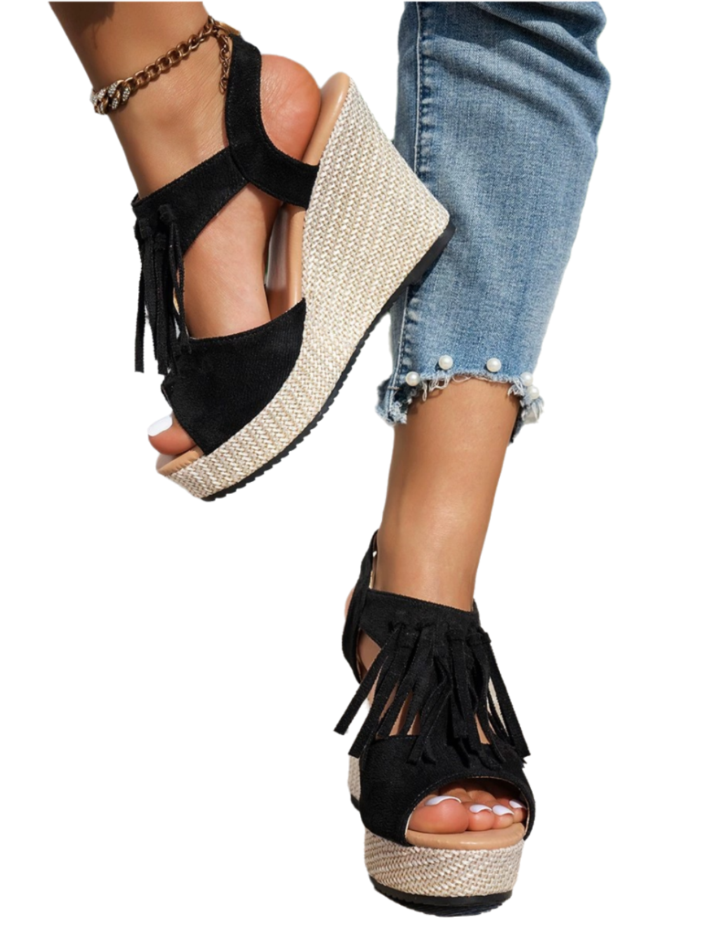 Solvivra Peep & Play Fringe Wedge Sandals