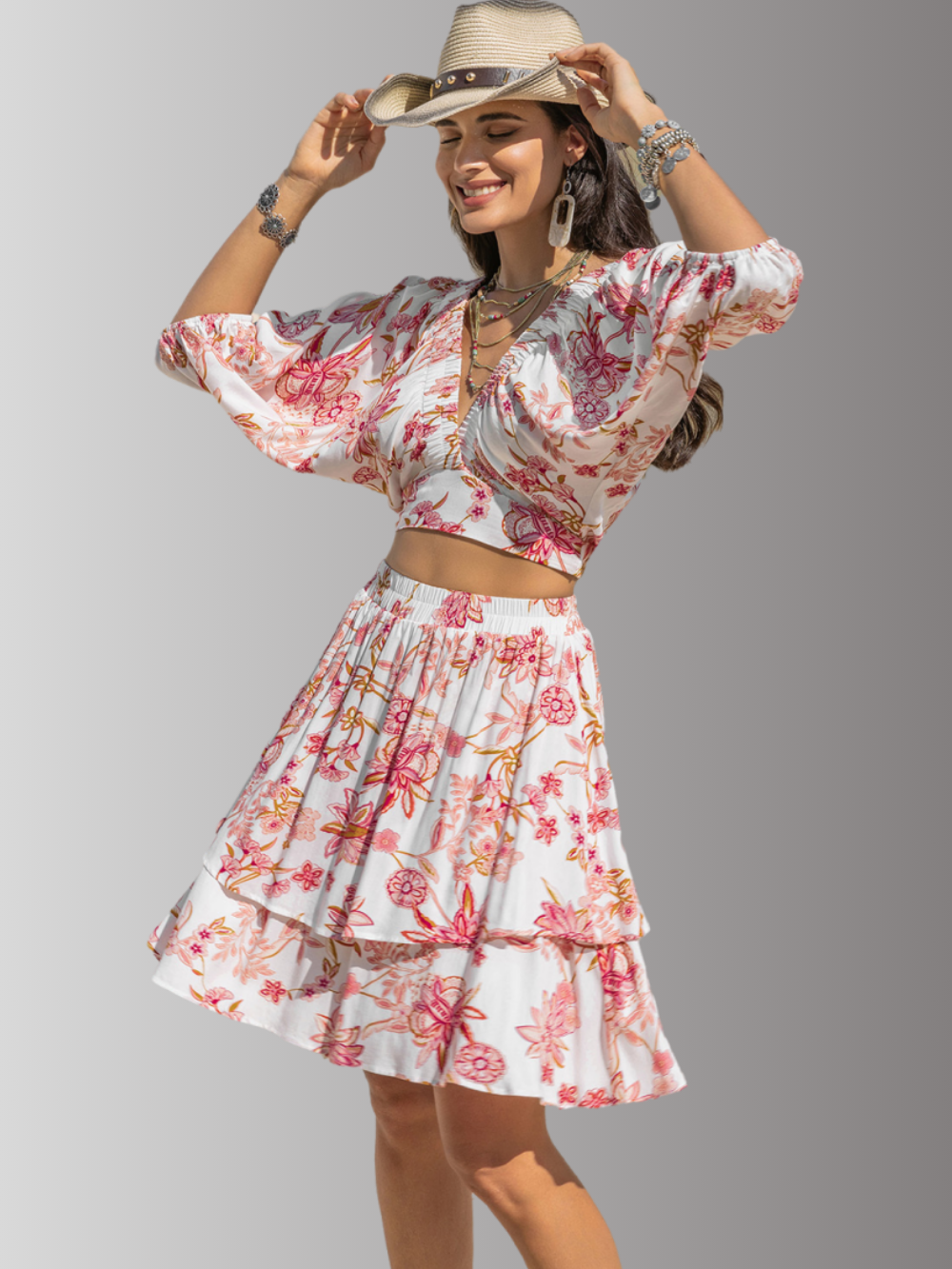 Solvivra Weekend Blossom Top and Layered Skirt Set