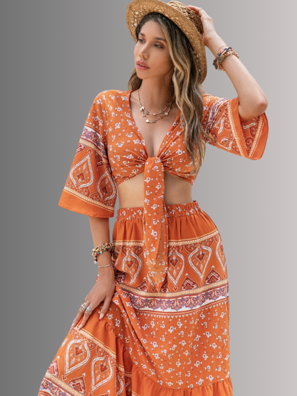 Solvivra Plunge & Print Top and Skirt Set