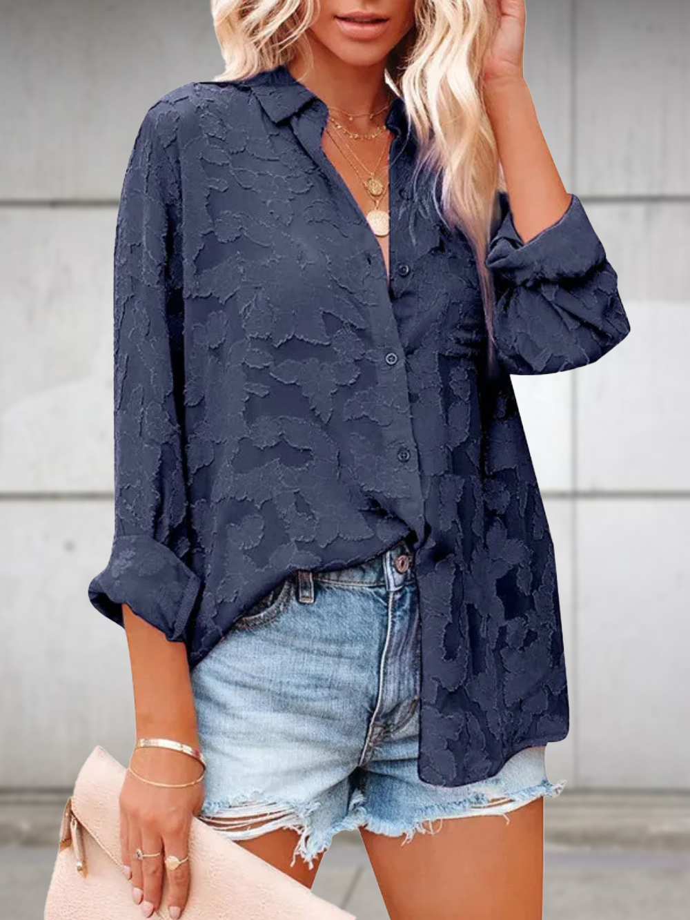 Solvivra Jacquard See-through Long Sleeve Blouse