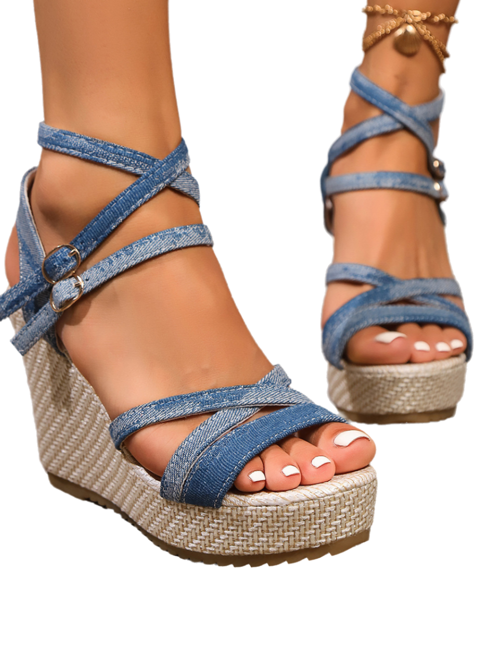 Solvivra BlueThread Denim Strap Wedge Sandals