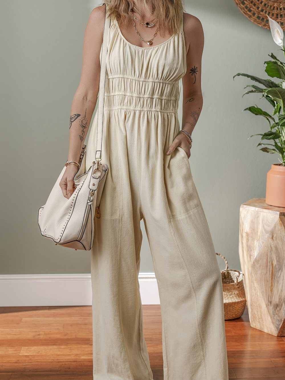 Solvivra Sand Serenity Ruched Jumpsuit