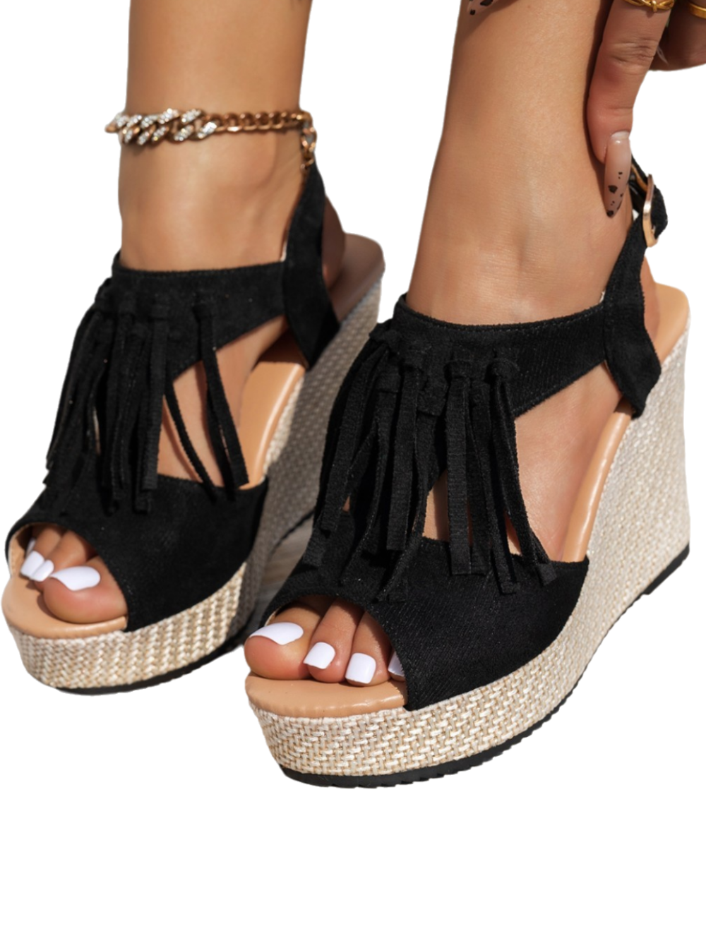 Solvivra Peep & Play Fringe Wedge Sandals