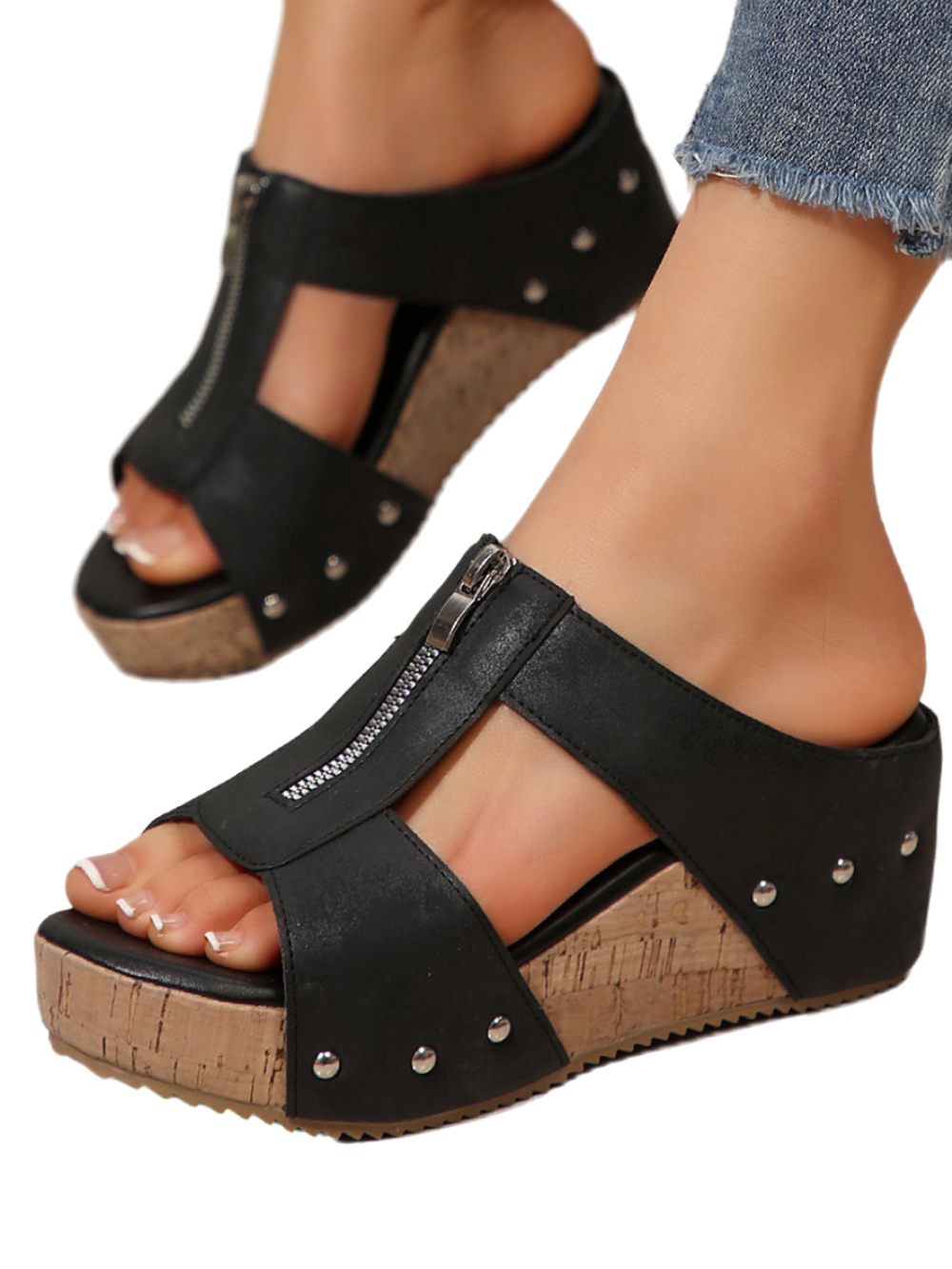 Solvivra Zip Step Open Toe Wedge Sandals