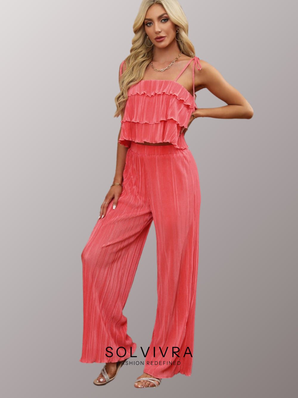 Solvivra Soft Coral Tiered Top and Wide Leg Pants Set