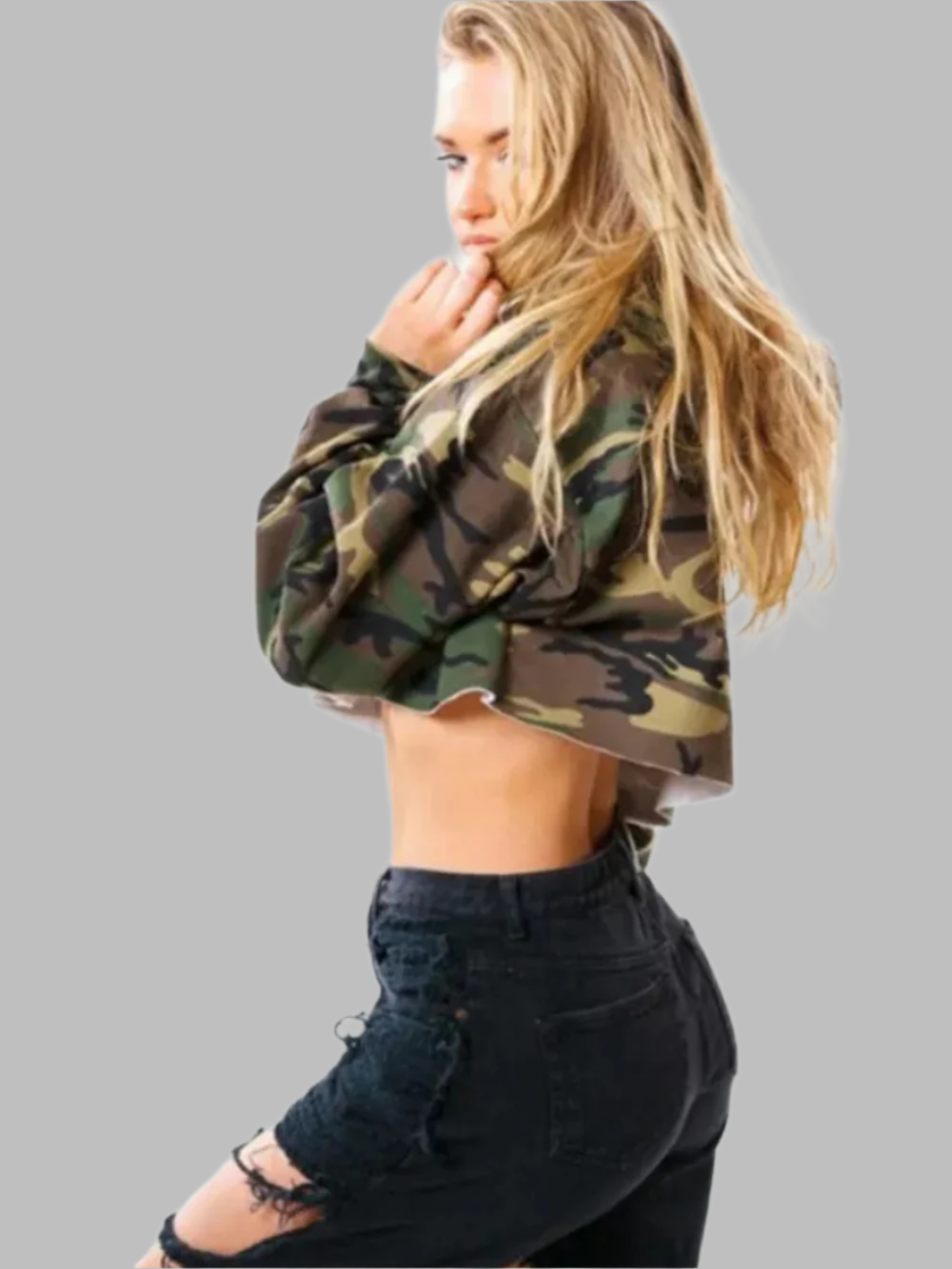 Solvivra Camo Ripped Edge Midriff Hoodie