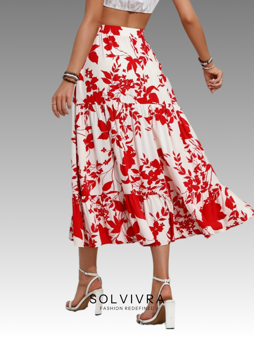 Solvivra Crimson Bloom Midi Skirt
