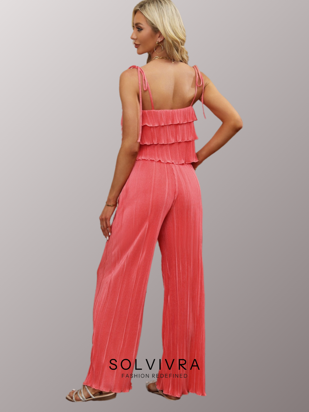 Solvivra Soft Coral Tiered Top and Wide Leg Pants Set