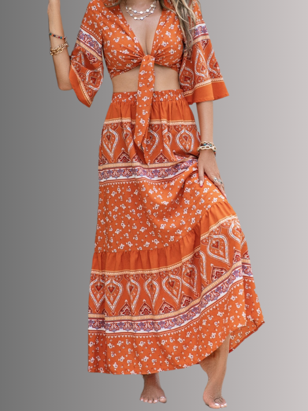 Solvivra Plunge & Print Top and Skirt Set