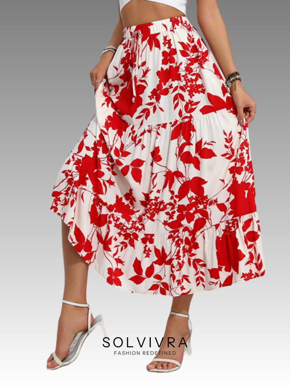 Solvivra Crimson Bloom Midi Skirt