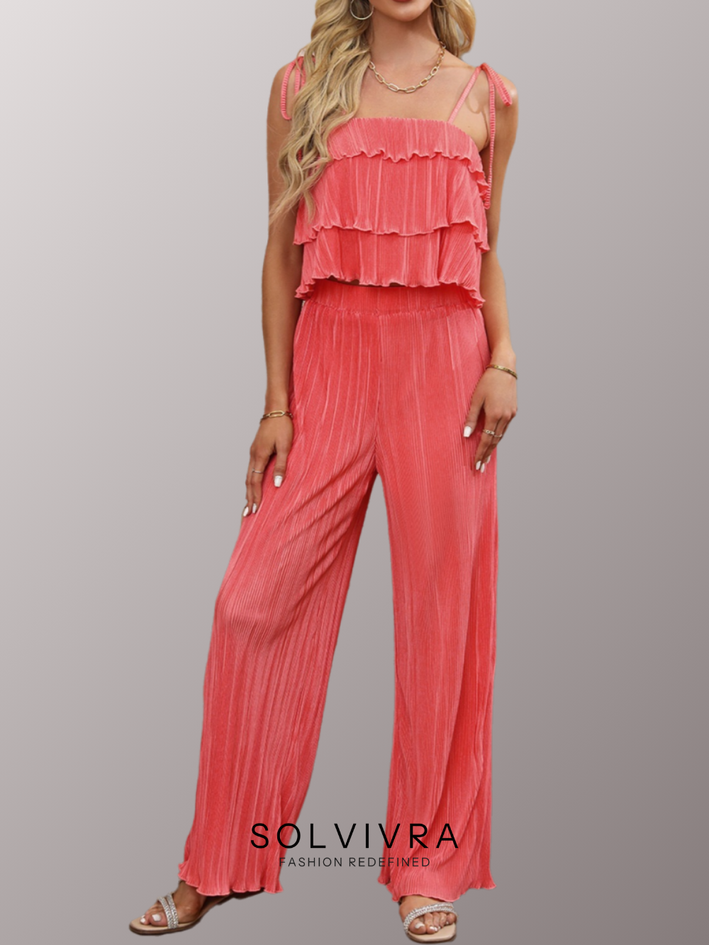 Solvivra Soft Coral Tiered Top and Wide Leg Pants Set
