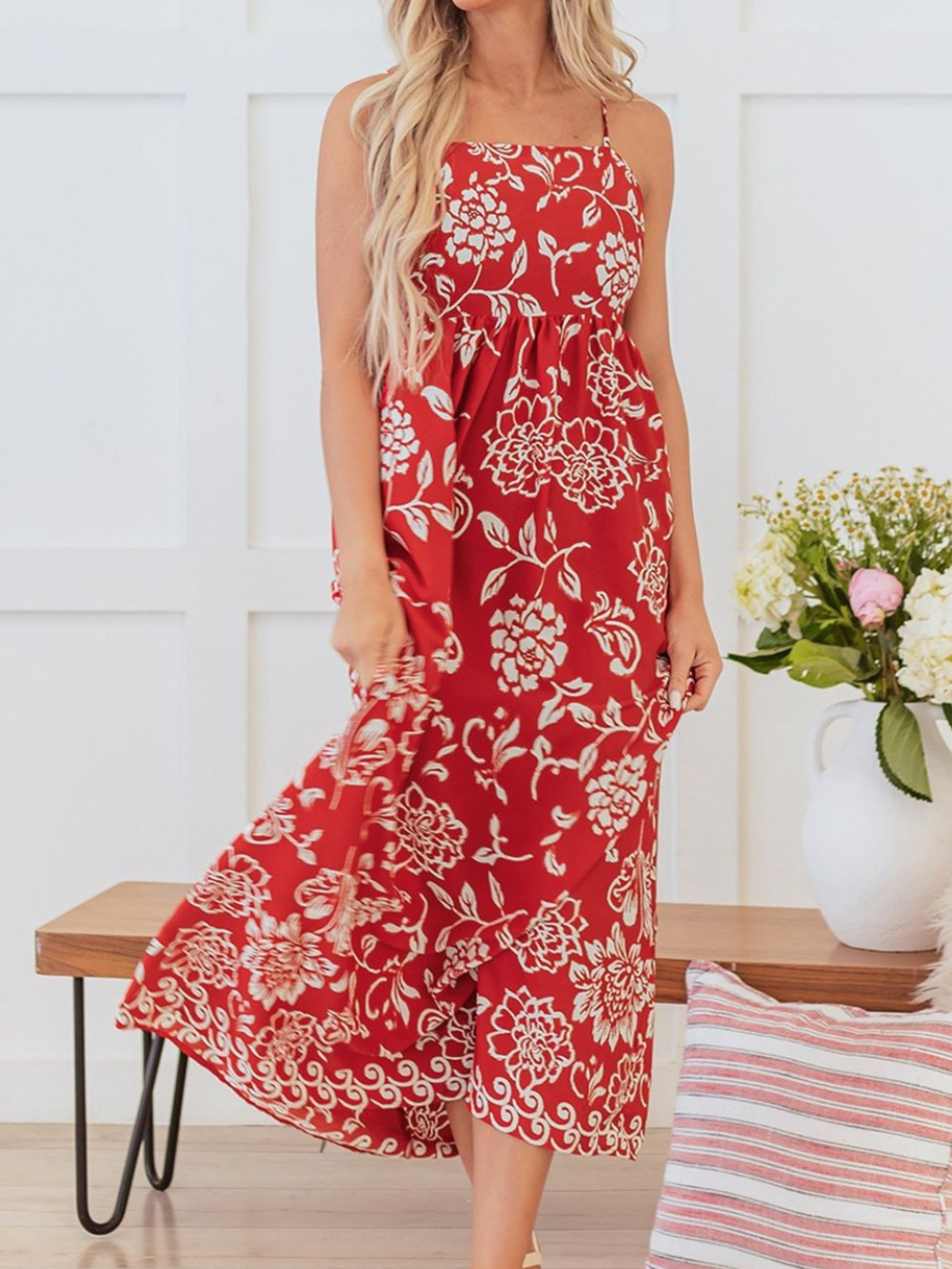 Solvivra Scarlet Bloom Empire Maxi Dress
