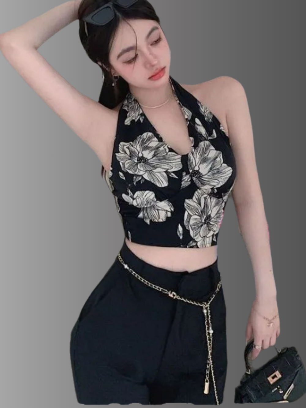Solvivra Noir Bloom V-neck Midriff