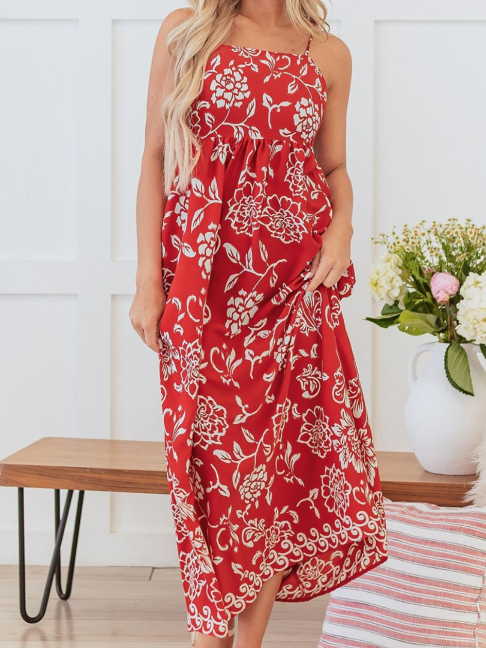 Solvivra Scarlet Bloom Empire Maxi Dress