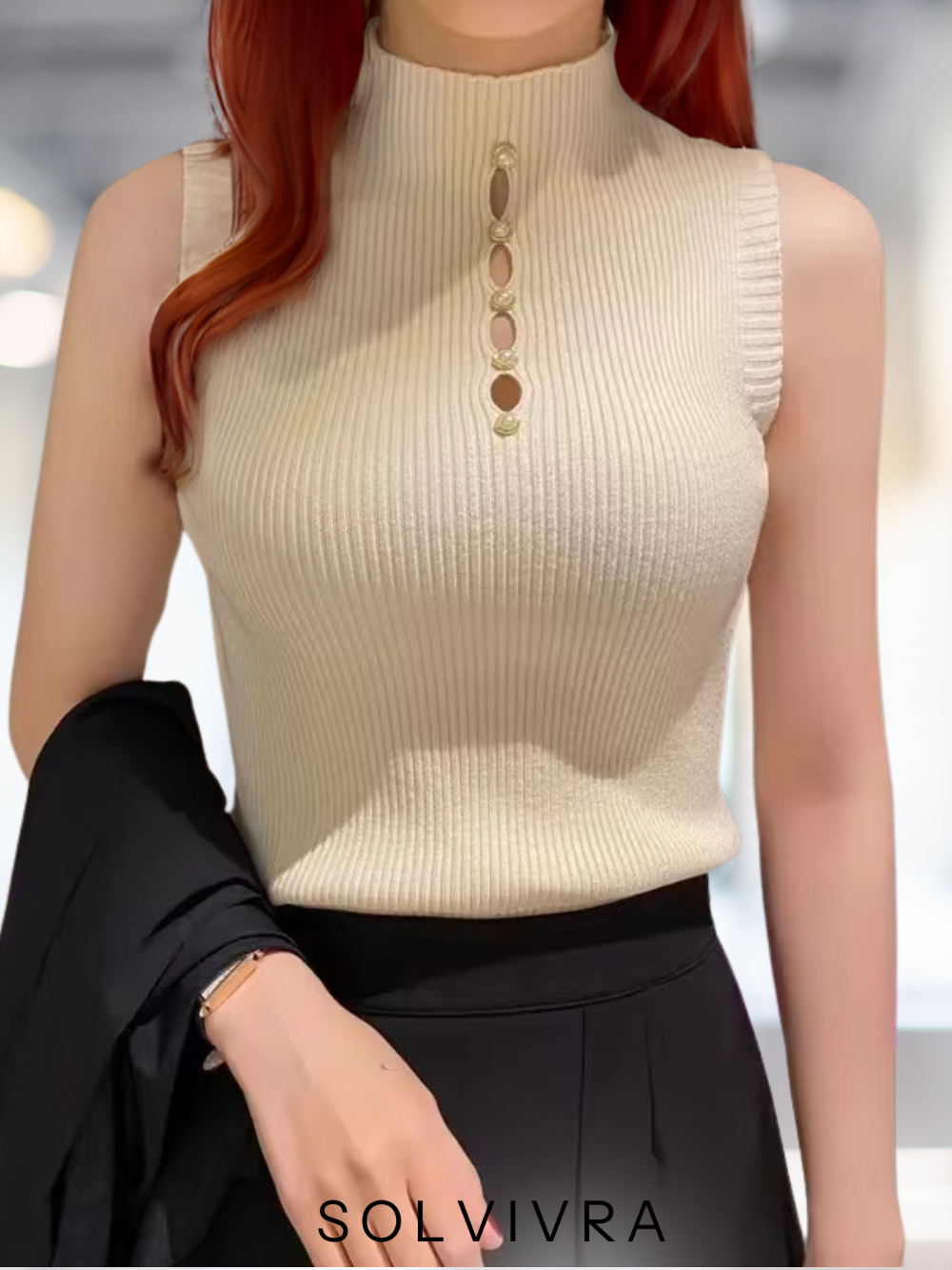 Solvivra Sleek Knit Buttoned Chic Top