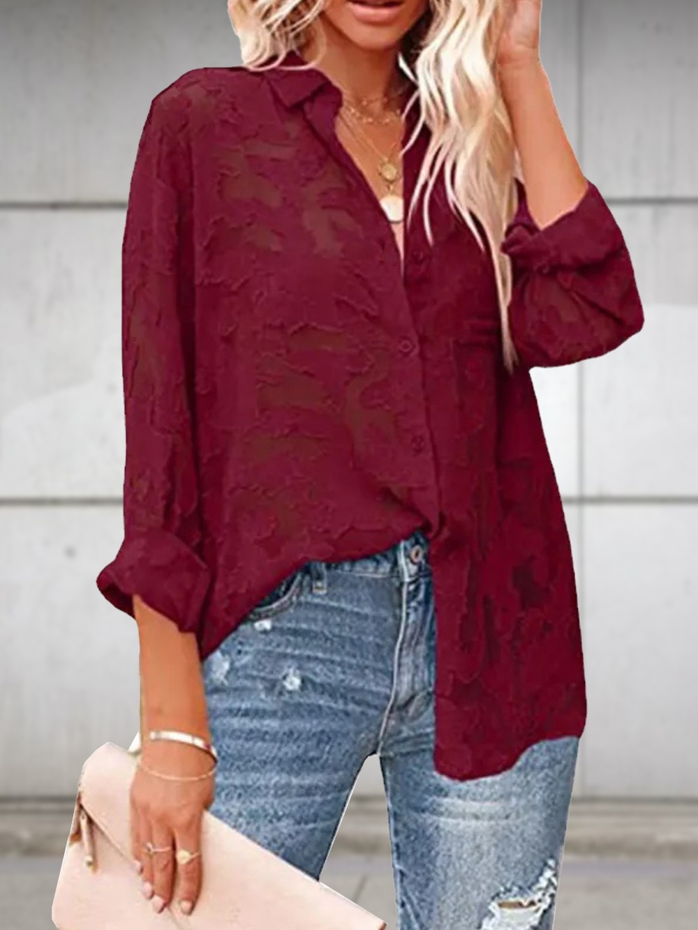 Solvivra Jacquard See-through Long Sleeve Blouse