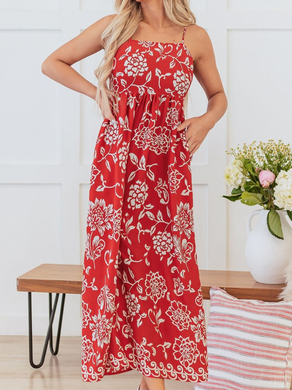 Solvivra Scarlet Bloom Empire Maxi Dress