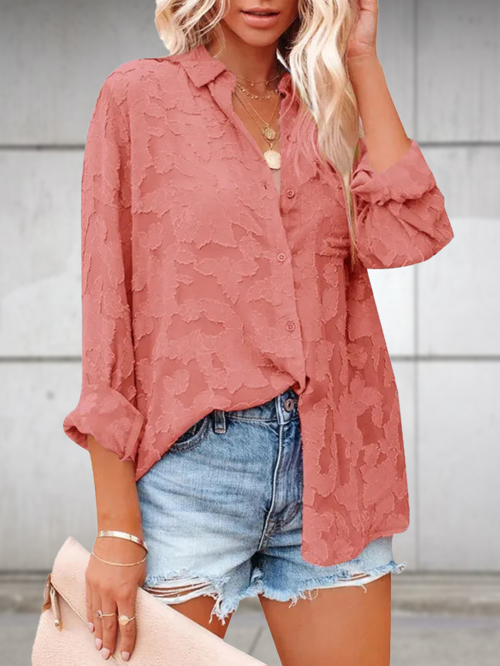 Solvivra Jacquard See-through Long Sleeve Blouse