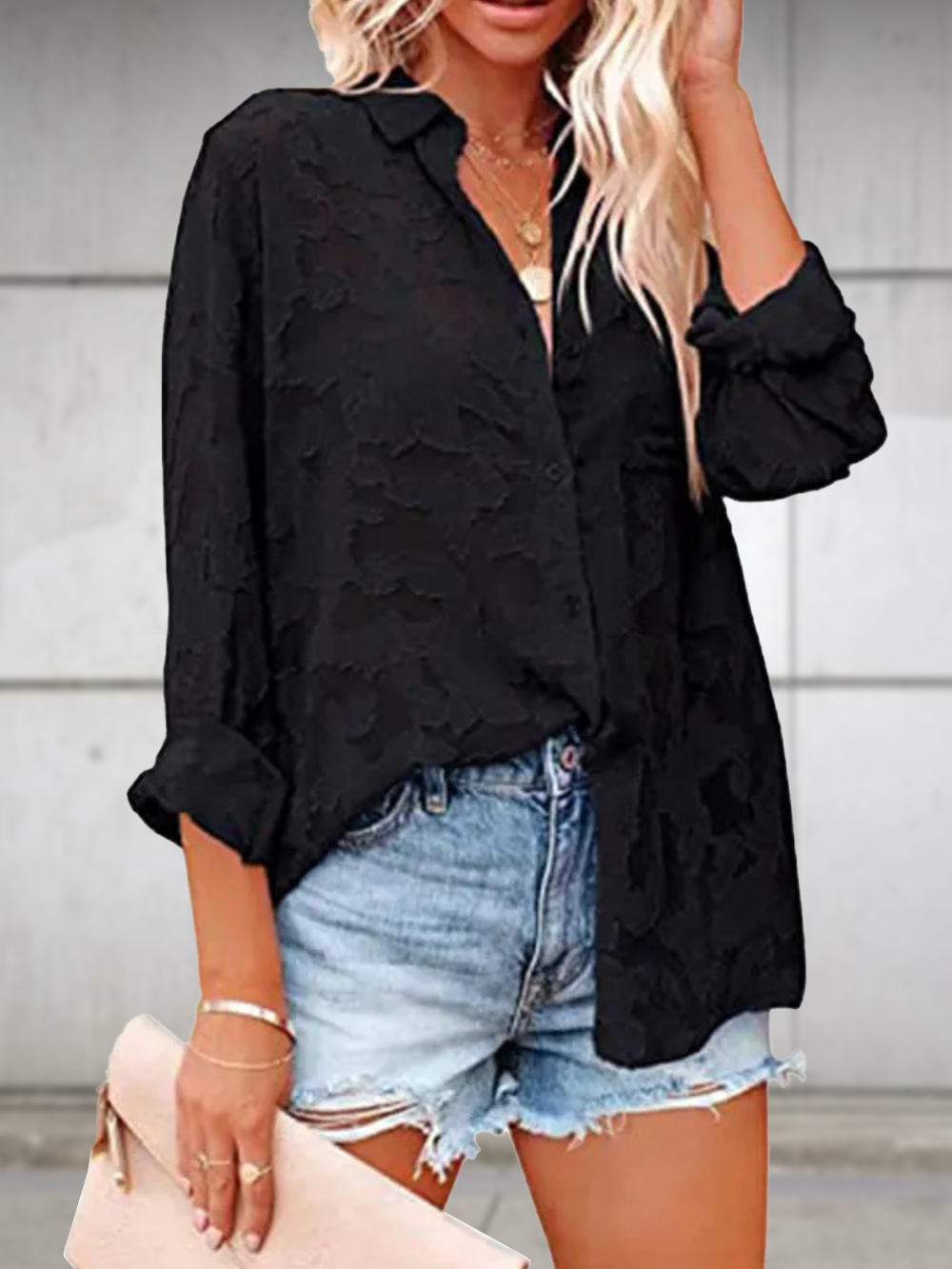 Solvivra Jacquard See-through Long Sleeve Blouse