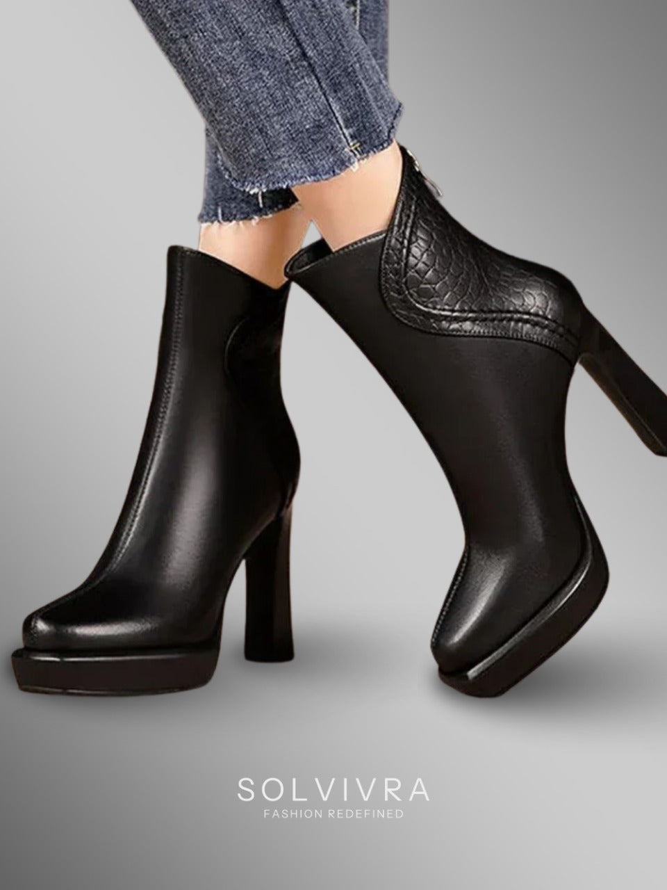 Solvivra Noir Serpenté Point Toe Block Heel Boots