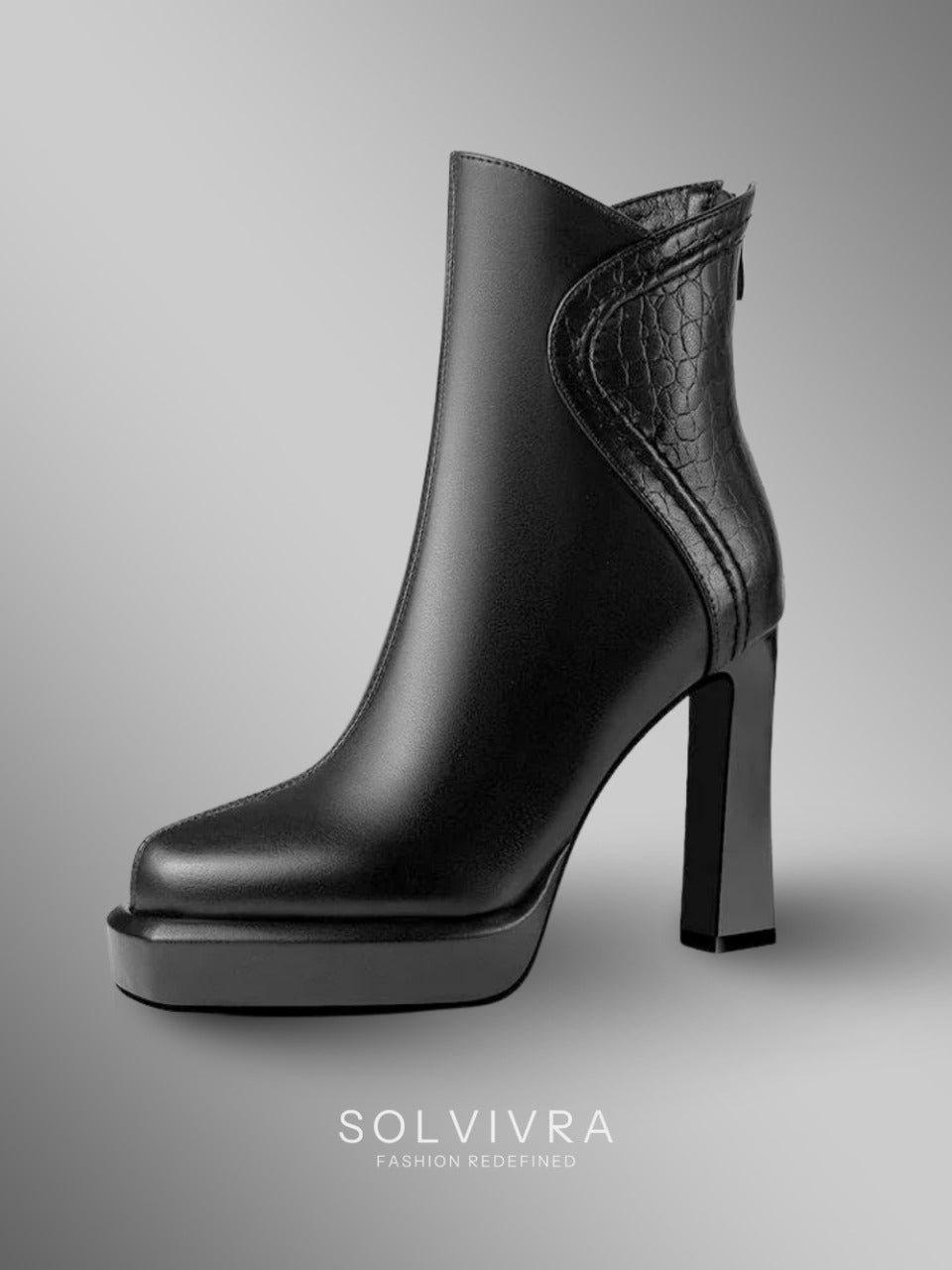 Solvivra Noir Serpenté Point Toe Block Heel Boots