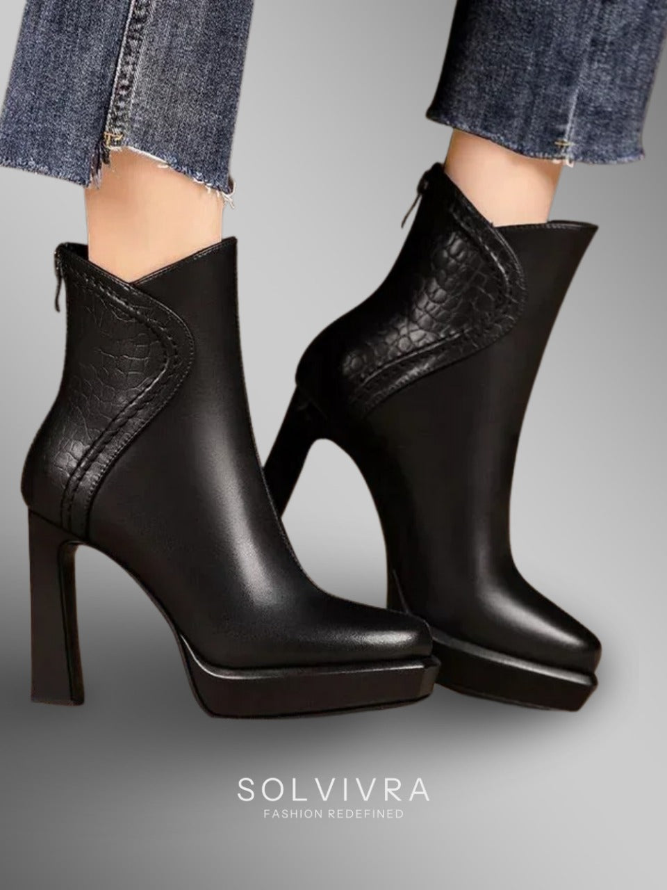 Solvivra Noir Serpenté Point Toe Block Heel Boots