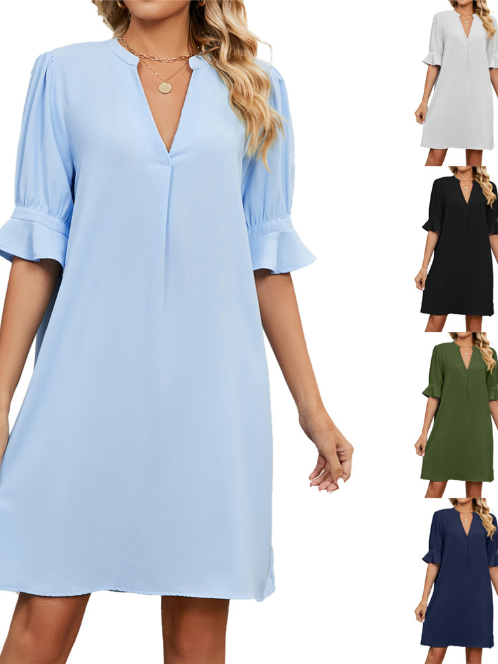 Solvivra Elegant V-Neck Pleated Half-Sleeve Dress