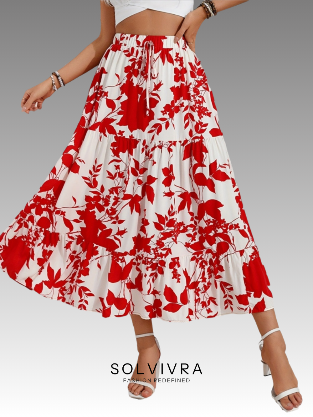 Solvivra Crimson Bloom Midi Skirt