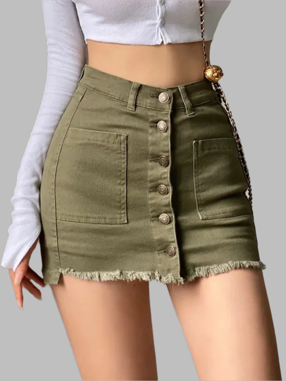 Solvivra Button & Fringe High Waist Skirt