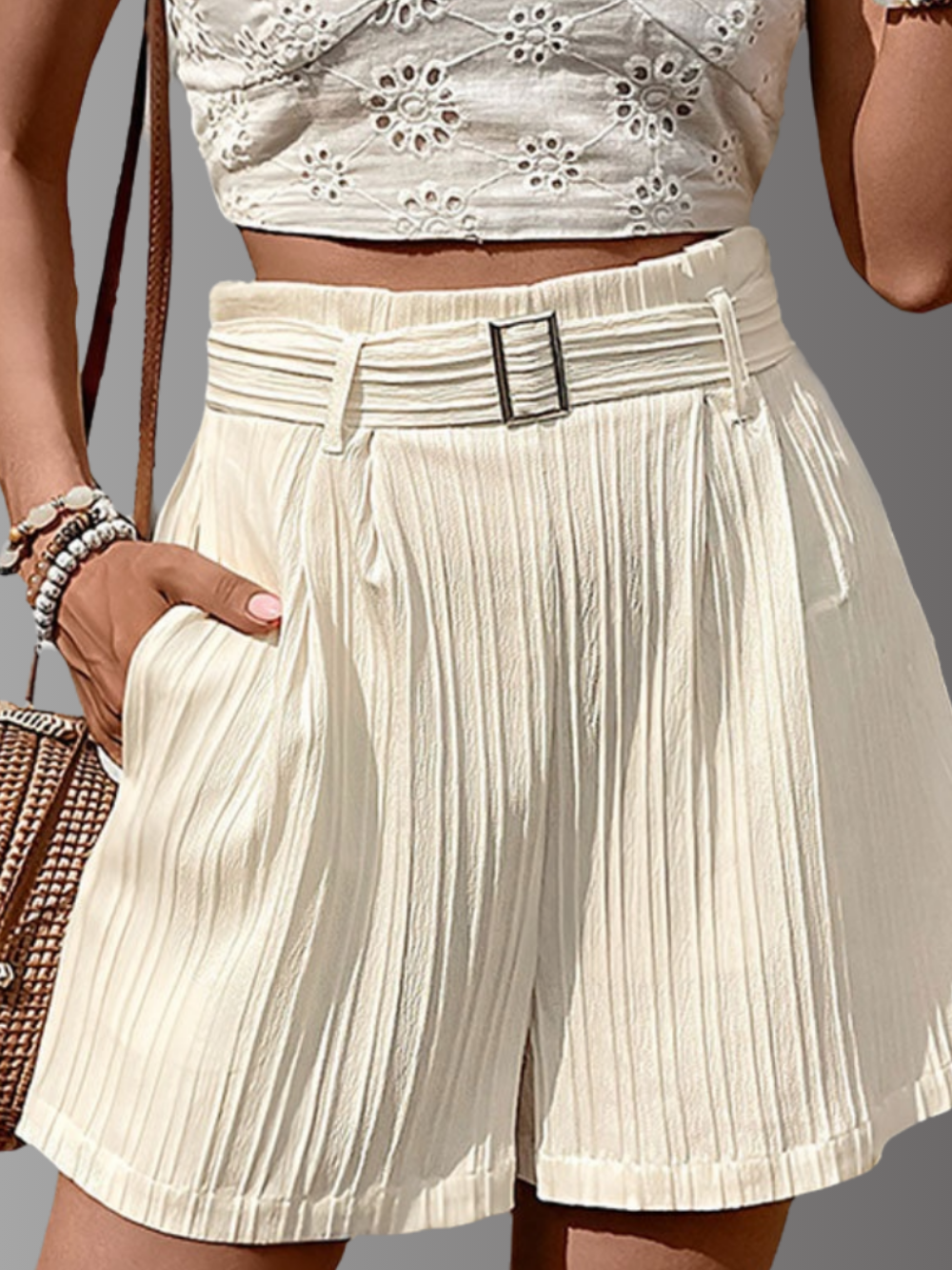 Solvivra Palm Pleats High Waist Shorts