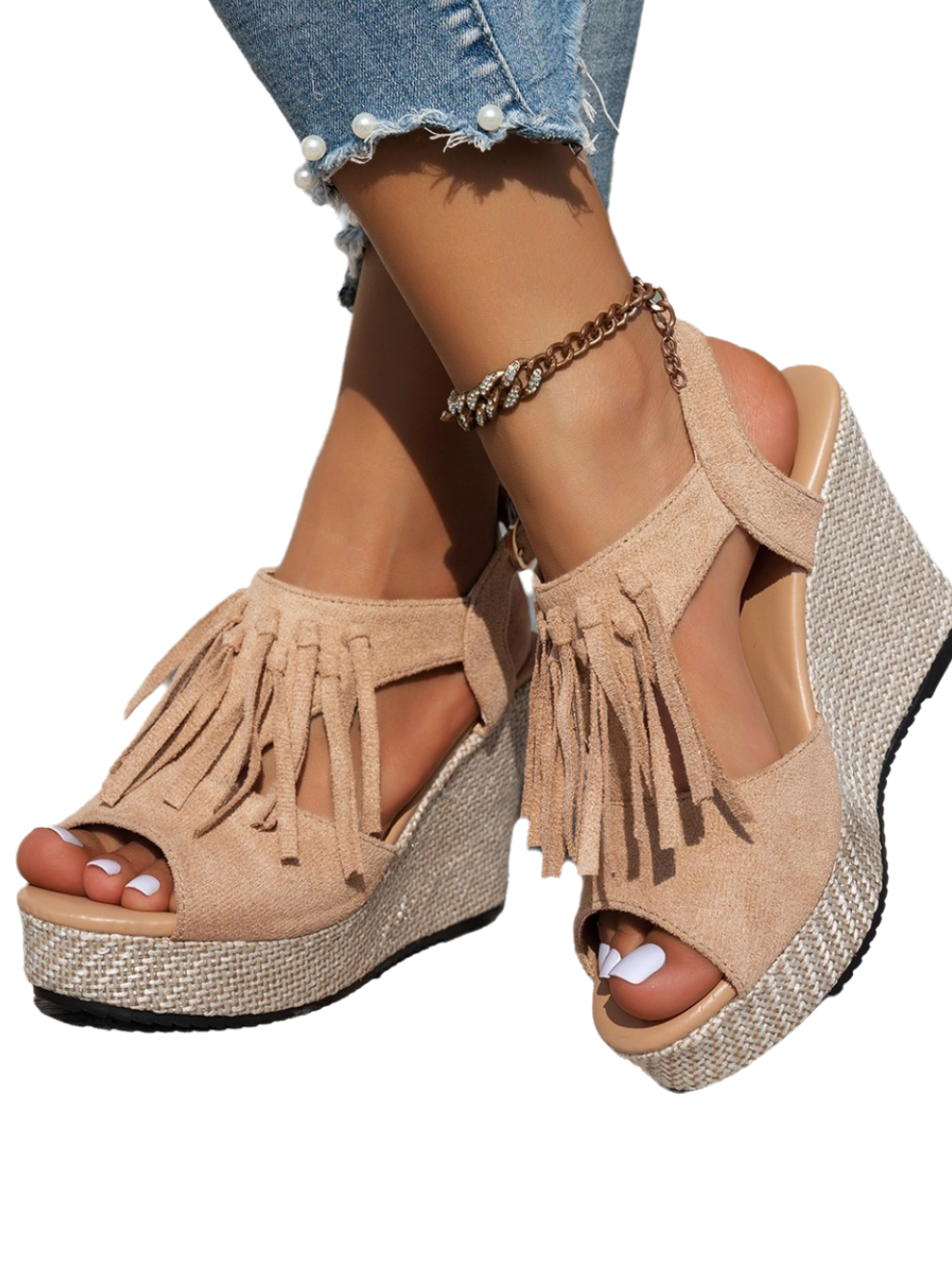 Solvivra Peep & Play Fringe Wedge Sandals