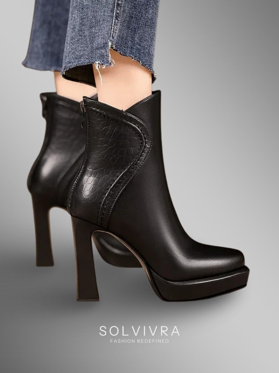 Solvivra Noir Serpenté Point Toe Block Heel Boots